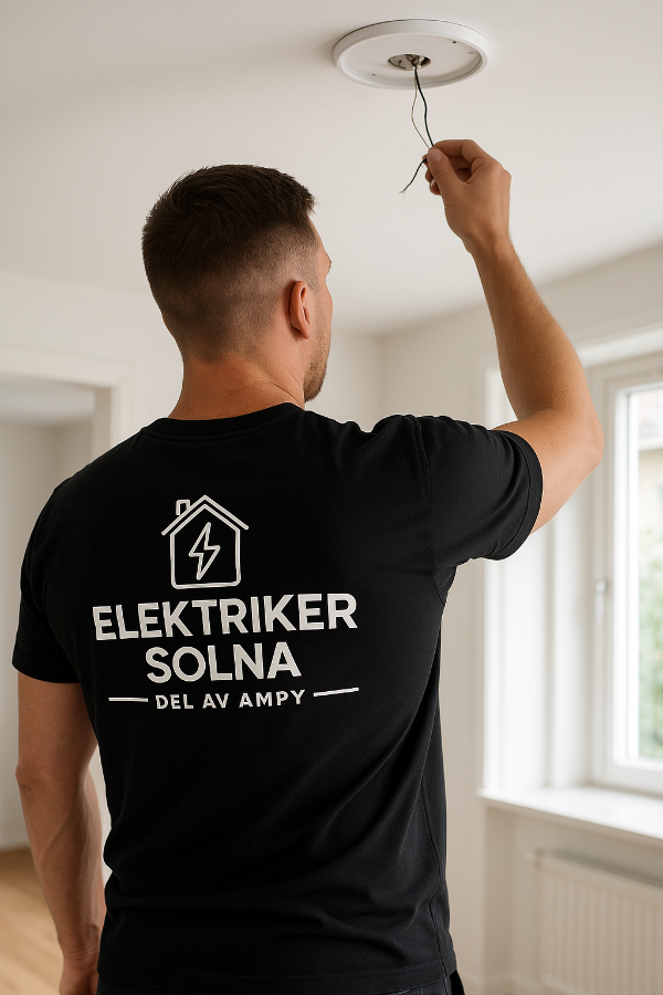 Elektriker i Solna installerar ny taklampa i bostad – certifierad elektriker i arbete.