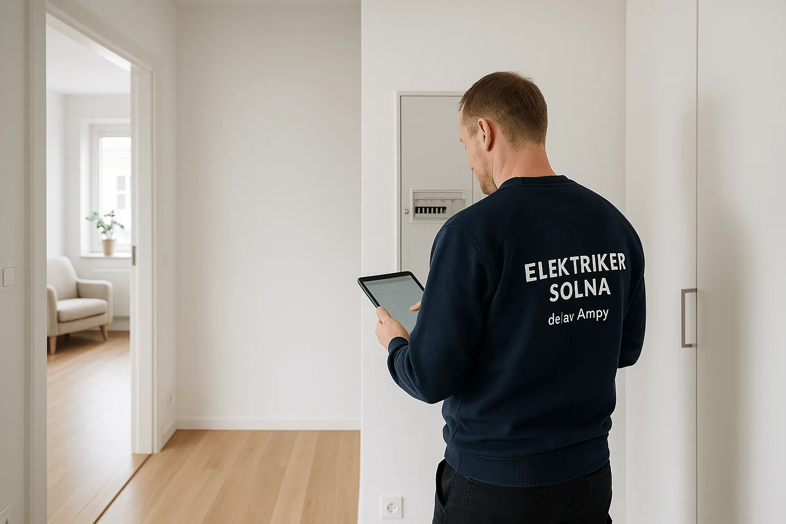 Certifierad elektriker i Solna utför elbesiktning med surfplatta – relevant för ROT-avdrag och försäkringsärenden.