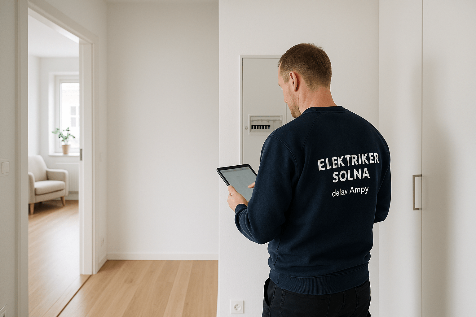 Certifierad elektriker i Solna utför elbesiktning med surfplatta – relevant för ROT-avdrag och försäkringsärenden.