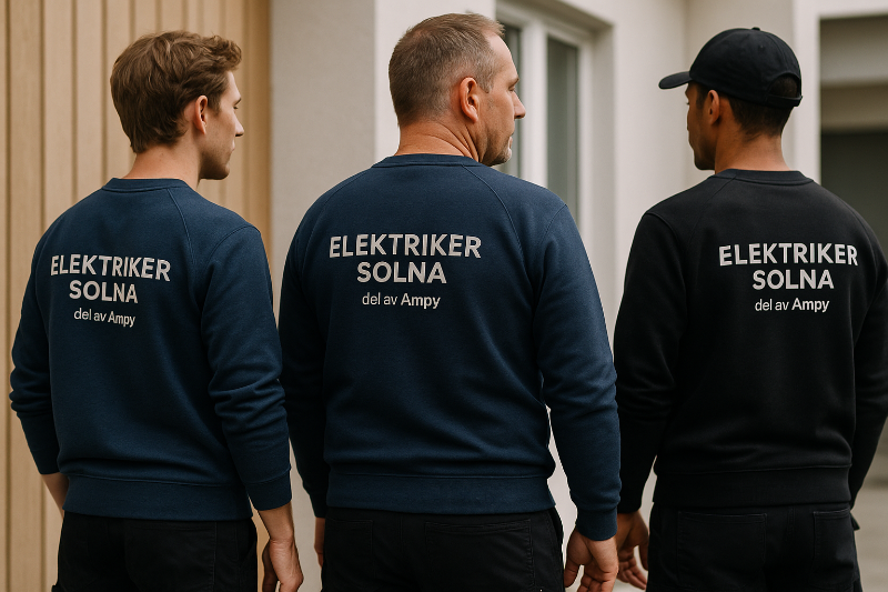 News 10 Tre elektriker från Elektriker Solna i företagskläder – står utanför en bostad och visar ryggen med logotypen tydligt synlig.