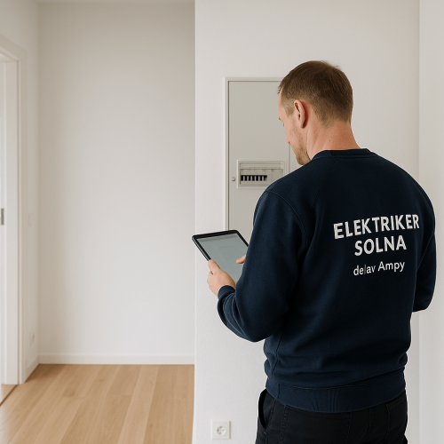 Certifierad elektriker i Solna utför elbesiktning med surfplatta – relevant för ROT-avdrag och försäkringsärenden.