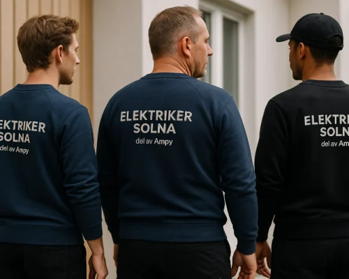 Tre elektriker från Elektriker Solna i företagskläder – står utanför en bostad och visar ryggen med logotypen tydligt synlig.