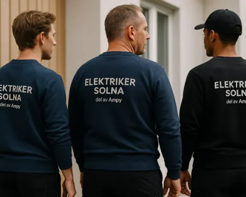 Tre elektriker från Elektriker Solna i företagskläder – står utanför en bostad och visar ryggen med logotypen tydligt synlig.