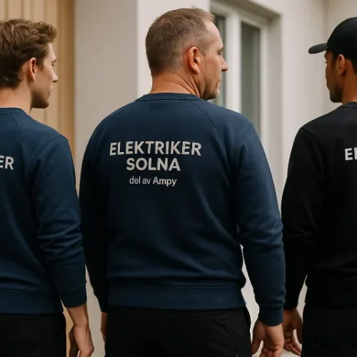 Tre elektriker från Elektriker Solna i företagskläder – står utanför en bostad och visar ryggen med logotypen tydligt synlig.